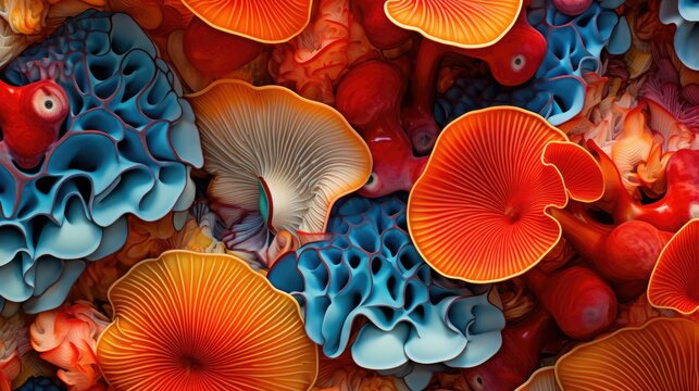 A vibrant and abstract image featuring patterns inspired by mushroom gills shapes intertwined with vivid red and blue hues, ideal for artistic backgrounds or psychedelic art inspiration.