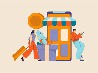 Holiday shopping people doing e-commerce online shopping flat vector concept operation hand drawn illustration
