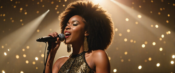 Beautiful African American female singer sings on stage in golden bokeh lights