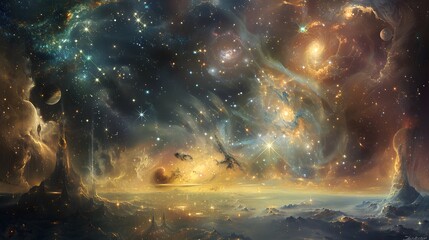 Stunning Cosmic Landscape with Distant Stars and Galaxies - obrazy, fototapety, plakaty