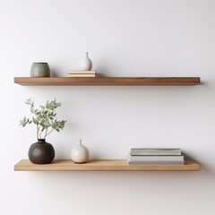 Wooden mezzanine on white wall Storage for the home minimalist home decorating style - obrazy, fototapety, plakaty