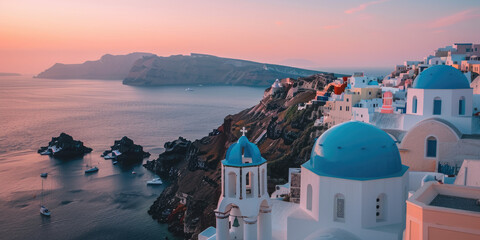 A panoramic view of Santorini, Greece at sunset with the iconic blue domes and white buildings overlooking the sea