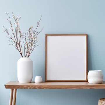 Wooden side table, vase, poster mockup, empty frame with copy space against blue wall.