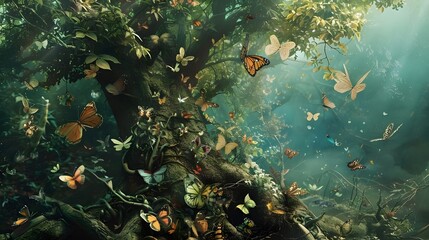 Enchanted Forest Scene With Butterflies and Greenery - obrazy, fototapety, plakaty