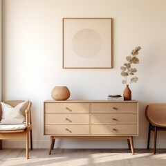 A wooden cabinet, a dressing table and a concrete wall with a blank poster frame.