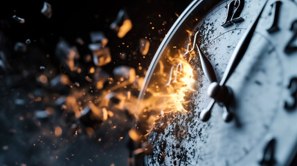 close up of classic clock face exploding with flames and debris flying around on dark background