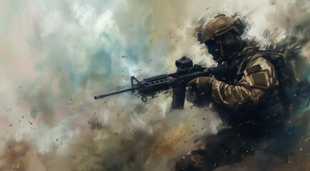 soldier in combat gear with rifle on abstract smoky chaotic background with copy space - obrazy, fototapety, plakaty