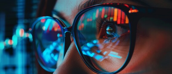 A close-up view of a person's eyes framed by a pair of glasses, reflecting stock market charts, focusing on the analysis of financial data.