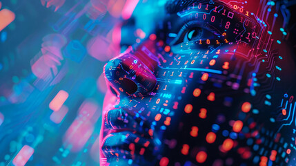 Abstract concept of digital beautiful human face standing out from printed circuit board. Fusion of man and modern artificial intelligence technologies. In blue tones, LED backlight, binary code. - obrazy, fototapety, plakaty