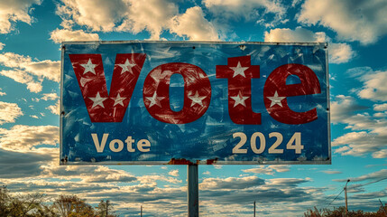 Sign with inscription "Vote 2024", red and blue drawing with stars and backlight against sky with fluffy clouds, Day of US presidential election, advertising, invitation card. Close-up. Copy space.