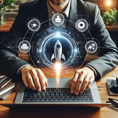 Startup business concept, Businessman use laptop with virtual screen of rocket icon and up arrow for fast start up business. Strategic planning and business success. Generative ai 