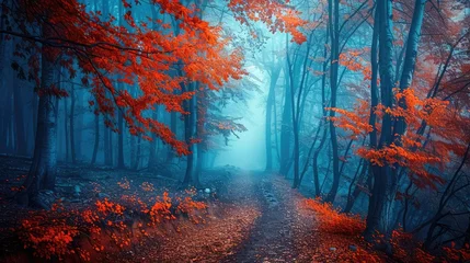 Foto op Plexiglas Beautiful mystical forest in blue fog in autumn. Colorful landscape with enchanted trees with orange and red leaves. Scenery with path in dreamy foggy forest. Fall colors in october. Nature background © Manzoor