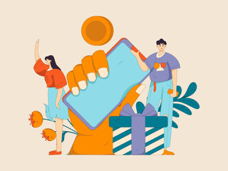 Holiday shopping people doing e-commerce online shopping flat vector concept operation hand drawn illustration
