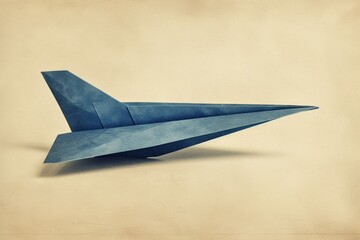 Vintage paper airplane on beige background with blue sky nostalgic childhood memories of carefree flights