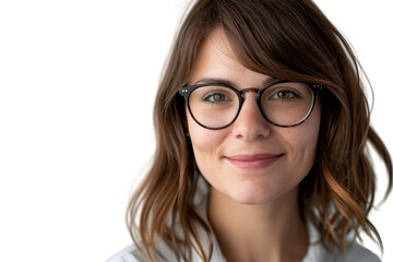 closeup a female leader wearing eyeglass smiling, cut out picture