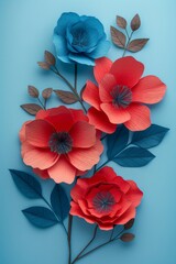 Elegant red and blue paper flowers with leaves on a serene blue background, artistic floral composition