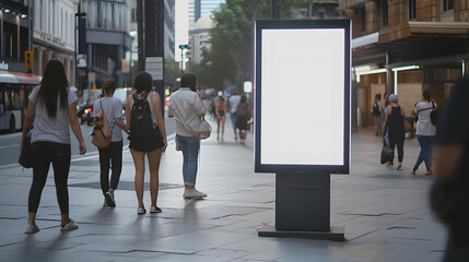 White blank billboard poster prominently displayed on a bustling urban street, summer