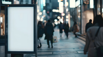 White blank, clean screen or signboard mockup for offers or advertisement, public area, walking people, city street eavening - obrazy, fototapety, plakaty