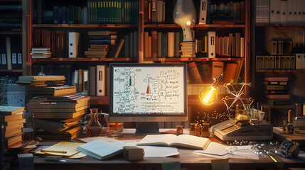 Scientist's desk cluttered with open journals, molecular models, and a glowing computer screen displaying a breakthrough discovery. - obrazy, fototapety, plakaty
