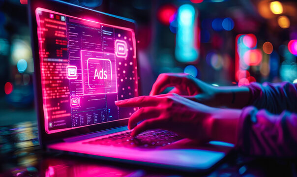 Digital Online Advertising Concept with Person Interacting with Floating Ads Icons through a Laptop Screen