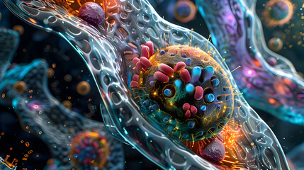 A bustling cellular metropolis, showing a cross-section of a human cell, with organelles like mitochondria and the nucleus vibrant and active.