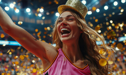 Professional female basketball player wearing a gold hat and celebrating the championship win