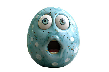 A 3D animated cartoon render of a blue polka dot springstock with a surprised expression.