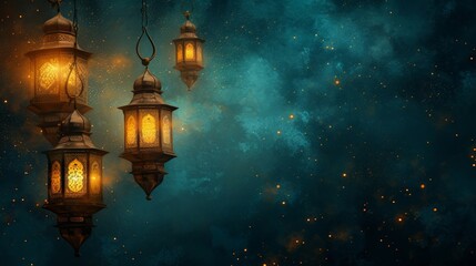 Obraz premium Beautiful Islamic lanterns shining in the dark night sky with stars and fireflies glowing around them