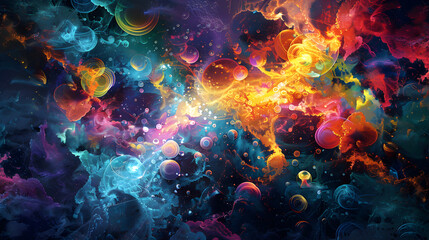 Fototapeta premium Abstract representation of a chemical reaction, where brightly colored molecules collide and merge in a dance of transformation.