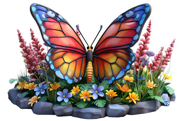 A 3D animated cartoon render of a colorful butterfly fluttering near a springstock.