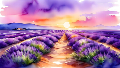 A watercolor painting of a sunset over a lavender field with a beach in the background