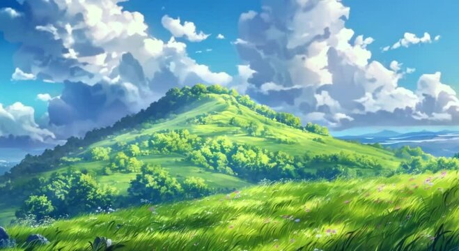 natural view of green hills with clouds. Seamless 4k time lapse virtual video animation background