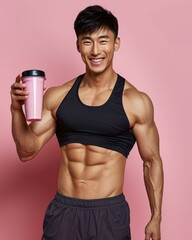 Asian athletic man smiling and holding a glass of sports drink on a studio background