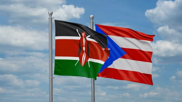 Puerto Rico and Kenya two flags waving together, looped video, two country cooperation concept
