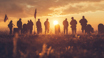 Evocative image of soldiers' silhouettes against a sunrise, depicting patriotism and reflection - obrazy, fototapety, plakaty