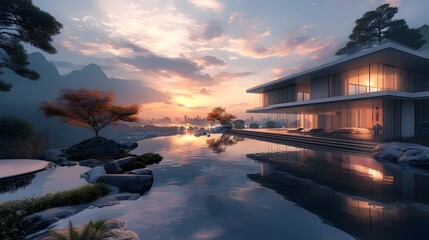 Modern oriental style house at sunset