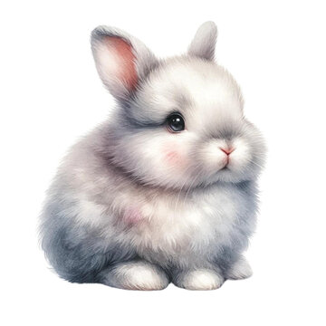 Watercolor Fluffy and cute gray and white baby rabbit with bright eyes on a white background