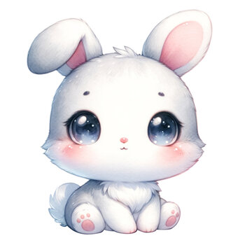 An endearing watercolor cartoon style bunny with large sparkling eyes and soft white fur.