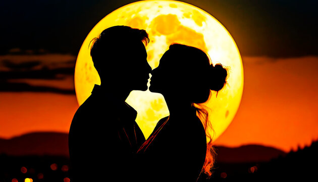 Silhouette of a kissing couple on the background of the full moon