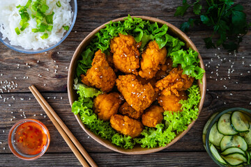Takeaway food - fried breaded chicken nuggets and vegetables on wooden table
