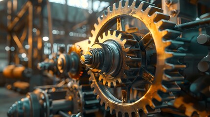 Fototapeta premium Vintage mechanical gear and wheel concept with closeup view of clockwork machinery in an industrial setting. Generative Ai