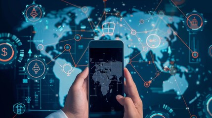 Financial Connectivity: Businessman Utilizes Smartphone for Currency Exchange Across Borders