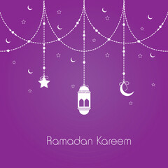 Holy month of muslim community, Ramadan Kareem celebration greeting card with hanging arabic lamp, star and moon on blue background.