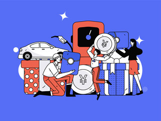 Vector Internet operation hand-drawn illustration of people getting discounts for refueling their cars
