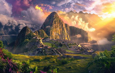 Machu Picchu at sunset, beautiful clouds and green fields, gorgeous colors, mountains in the background, Inca ruins, ancient city, misty environment - obrazy, fototapety, plakaty