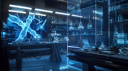 Futuristic laboratory with transparent screens displaying complex bio-chemical structures, amidst advanced technological equipment for genetic engineering. - obrazy, fototapety, plakaty