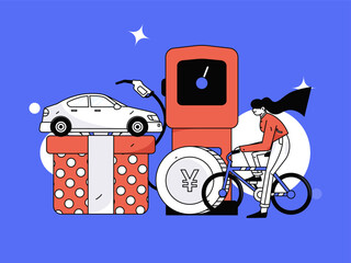 Vector Internet operation hand-drawn illustration of people getting discounts for refueling their cars
