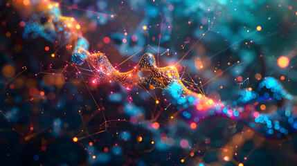 Abstract visualization of data flowing through a bio-chemical network, symbolizing the interaction between biological systems and computational technology. - obrazy, fototapety, plakaty