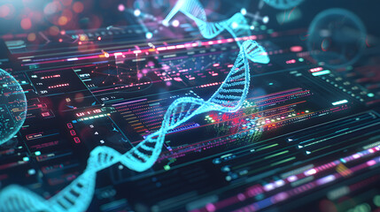 Interface of a biotech software, analyzing and visualizing DNA sequences on a digital platform. The background features a dynamic array of genetic data. - obrazy, fototapety, plakaty