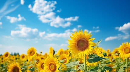 Fototapeta premium Sunflower field with cloudy blue sky